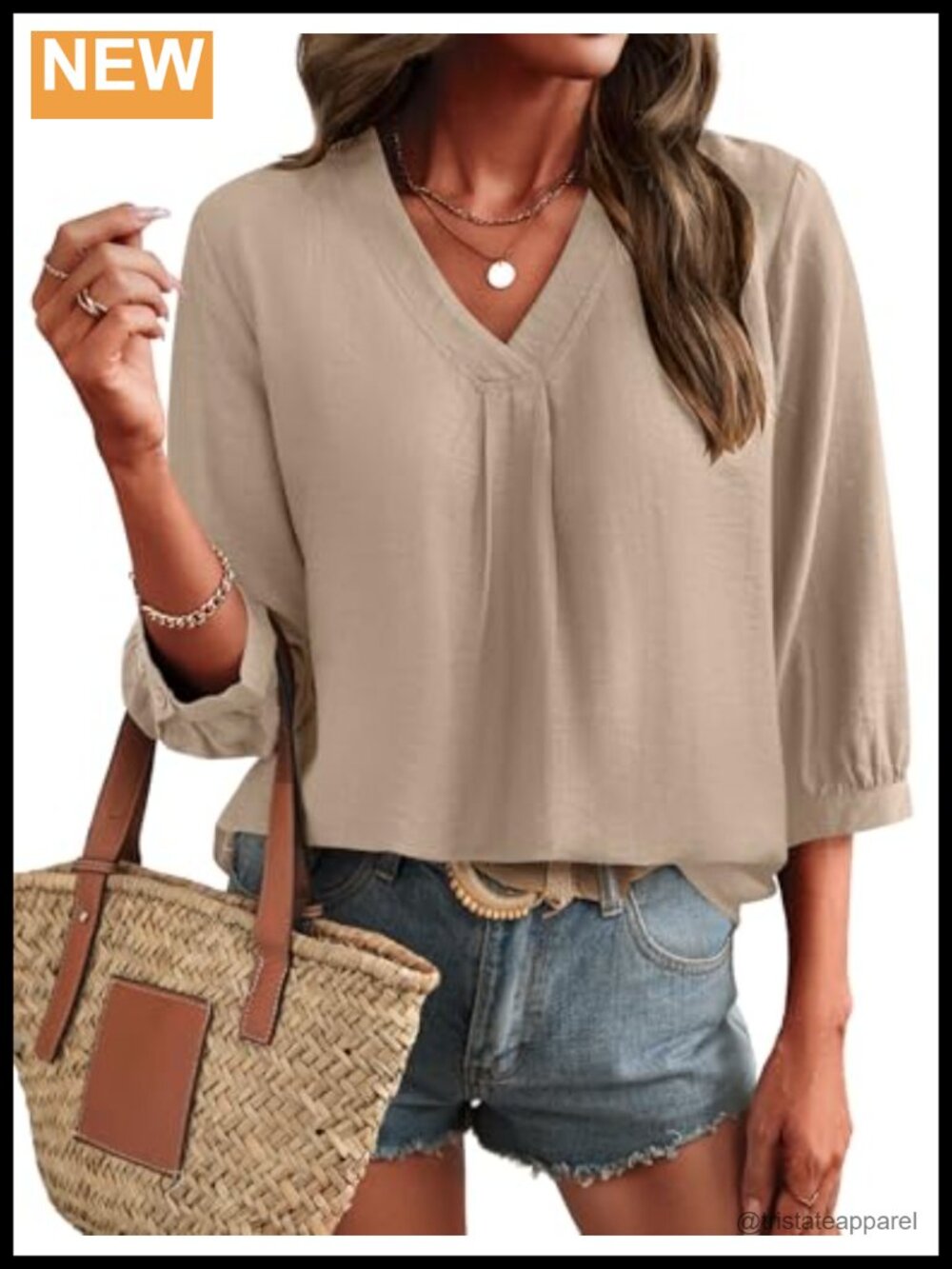 Women's 3/4 Sleeve V-Neck Boho Peasant Blouse Dressy Casual Cotton Top